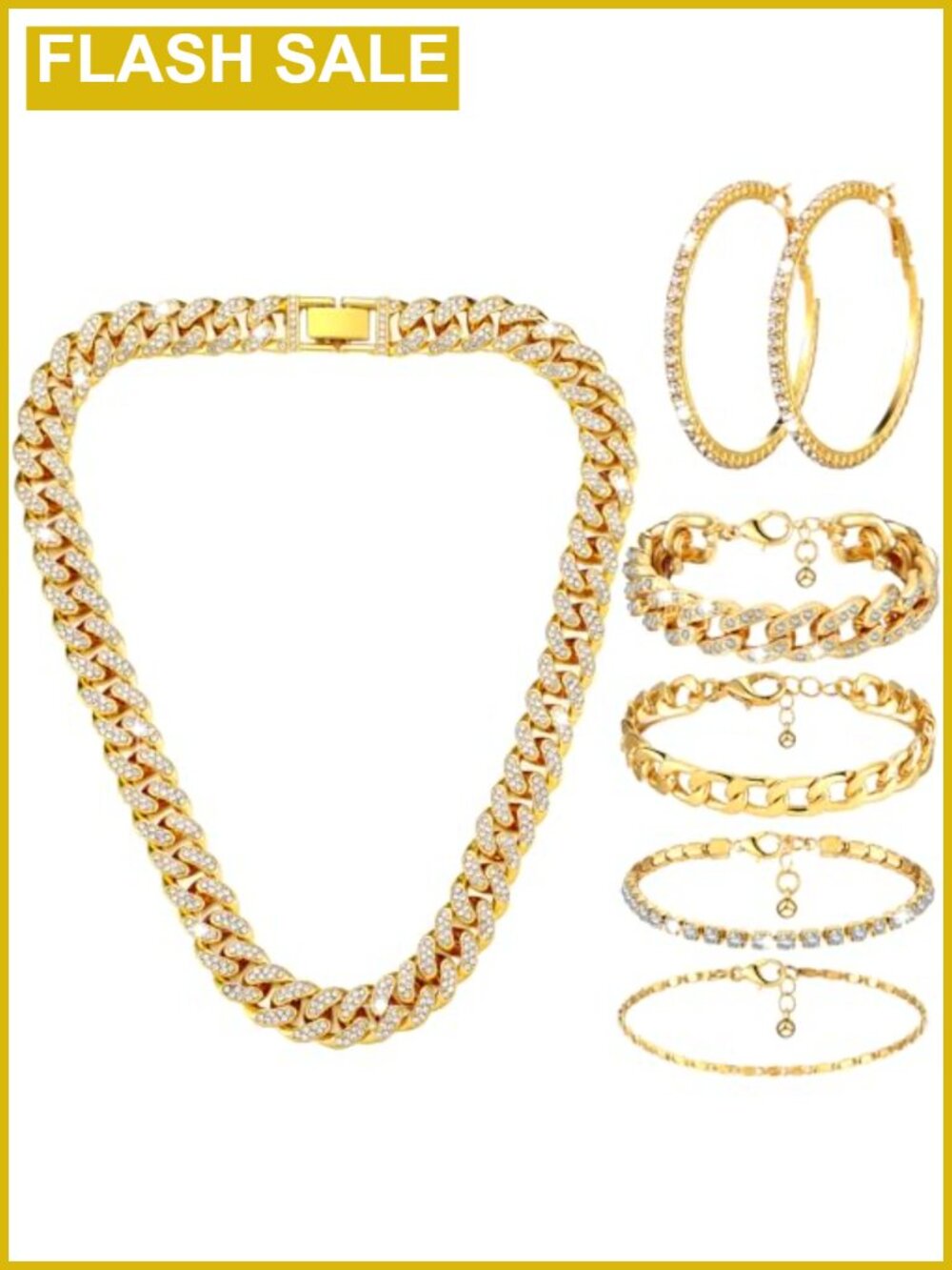 Cuban Link Necklace Bracelets Hoop Earrings Jewelry Set 6 Pc